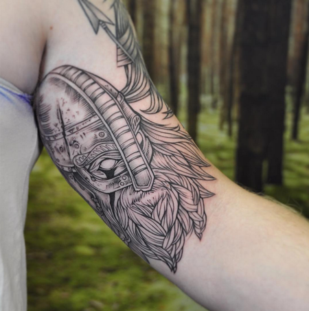 Michael Bales - Viking on Inner Arm. Instagram @michaelbalesart